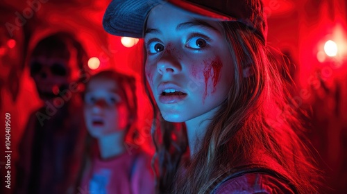 A young girl with blood on her face looks over her shoulder with a scared expression during a haunted house experience.