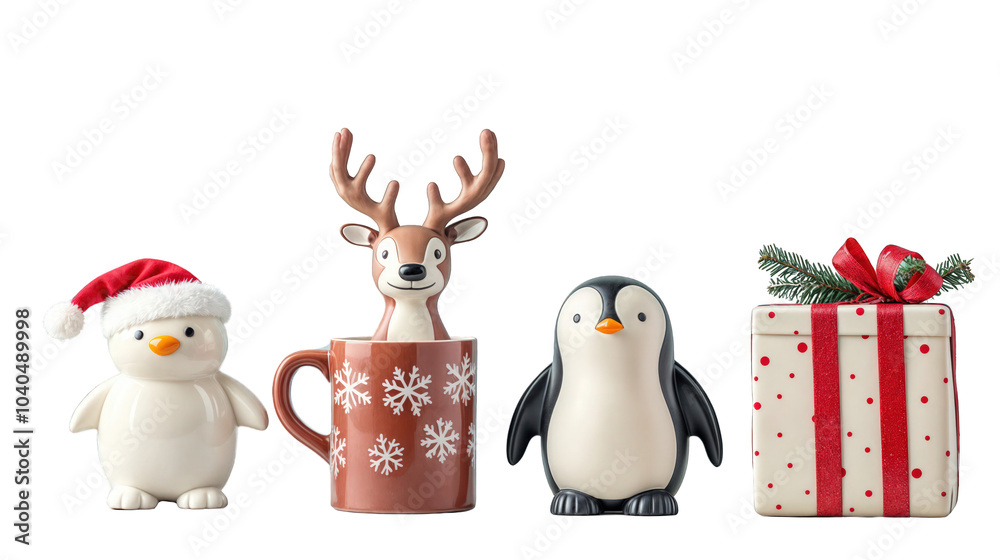 Ceramic christmas figurines of snowman, reindeer, and penguin with gift box, isolated on transparent background