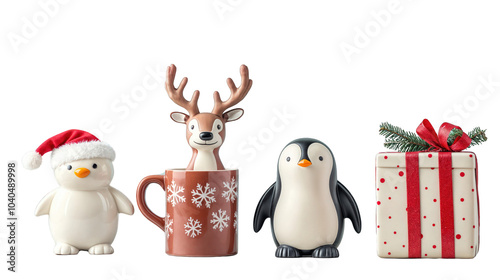 Obraz na płótnie Ceramic christmas figurines of snowman, reindeer, and penguin with gift box, isolated on transparent background w salonie