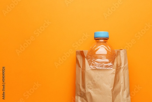 A plastic bottle with a blue cap is nestled inside a brown paper bag, drawing attention to themes of sustainability, minimal waste, and eco-friendly consumerism. photo