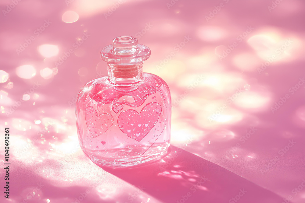 photo of a pink love potion bottle with hearts inside, Valentine’s Day, pink color background, pastel colors, cute and dreamy, pastel pink, glittering , sun and shadow