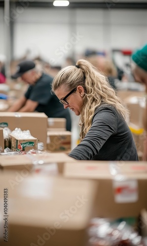 Woman with glasses packing boxes in warehouse. photo