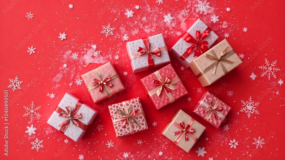 Several Christmas gift boxes are placed on a plain red background. Leave space for text, Several Christmas gift boxes are placed on a plain red background. Leave space for text,