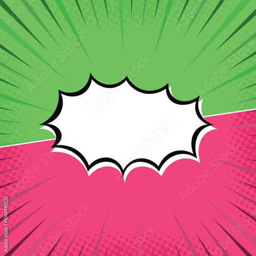 Pop art pattern backdrop. Comic book background with blank speech bubble balloon and halftone effect. Red and green cartoon retro starburst texture with dots. Duotone effect. Vintage gradient banner. 