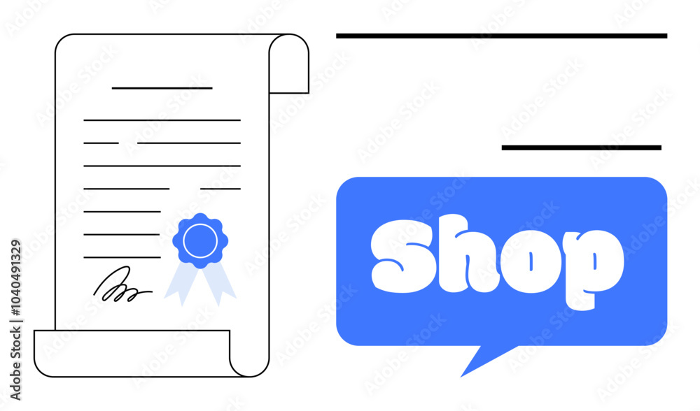 Business document with a seal and signature next to a speech bubble with text Shop. Ideal for business, e-commerce, documentation, certification, and retail themes. Simplistic flat style with blue Business document with a seal and signature next to a speech bubble with text Shop. Ideal for business, e-commerce, documentation, certification, and retail themes. Simplistic flat style with blue