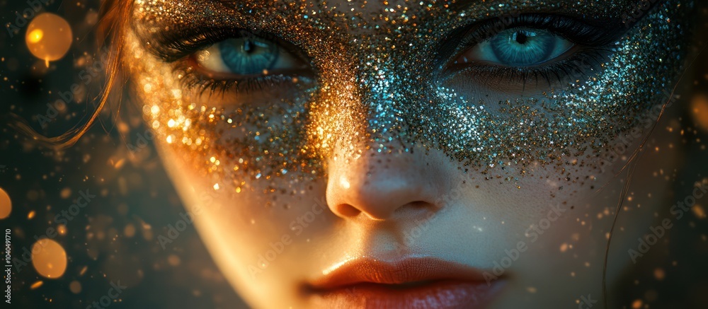Close-up of a woman's face with gold glitter makeup. Close-up of a woman's face with gold glitter makeup.