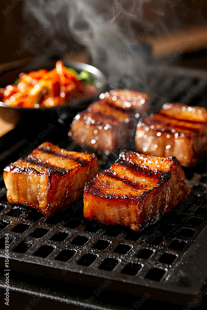 Grilled meat with steam and side dish Grilled meat with steam and side dish
