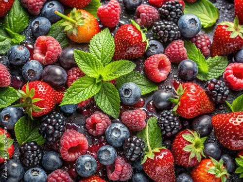 Freshly picked juicy berries with droplets and green leaves on a dark background. Generative AI