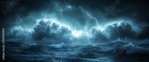 Lightning in the ocean. Storm. Time laps photo. High detail.