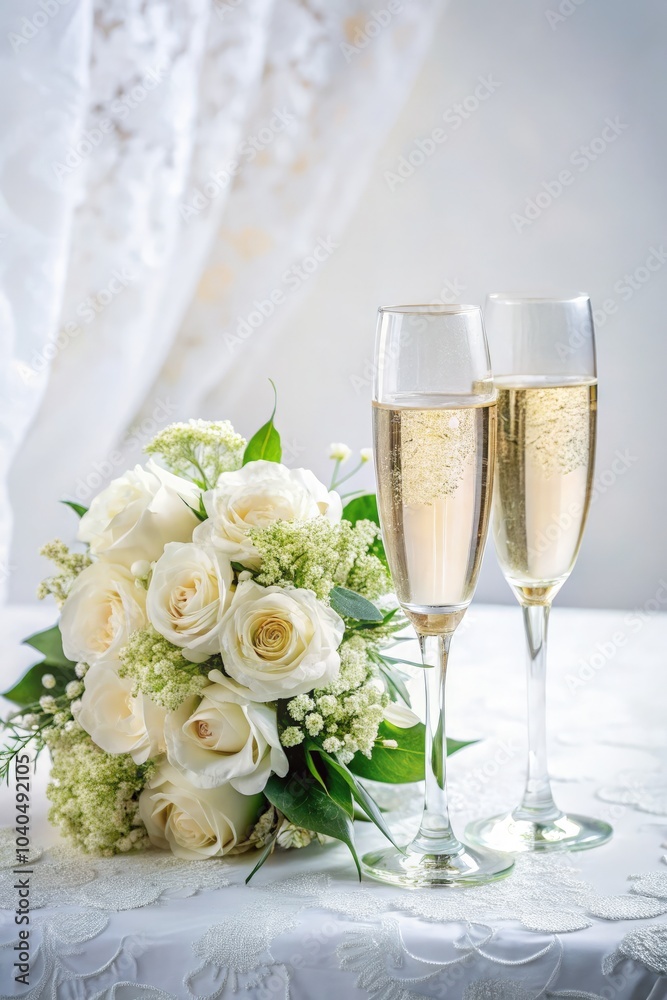 Elegant white bouquet with champagne flutes on a delicate white table setting. Generative AI Elegant white bouquet with champagne flutes on a delicate white table setting. Generative AI