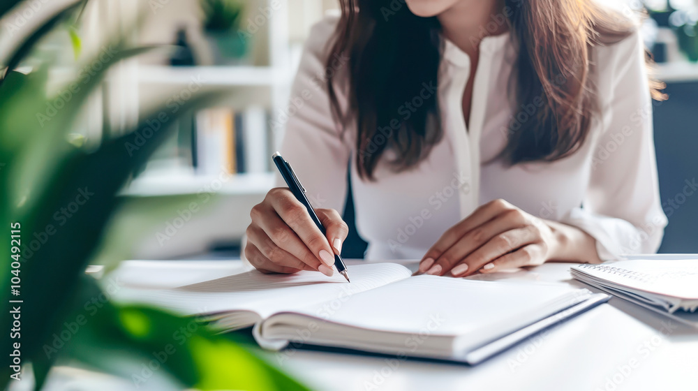 Woman Writing in Notebook in Bright Office Woman Writing in Notebook in Bright Office