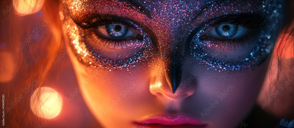 Woman wearing a sparkly masquerade mask, looking into the camera, with soft lighting. Woman wearing a sparkly masquerade mask, looking into the camera, with soft lighting.