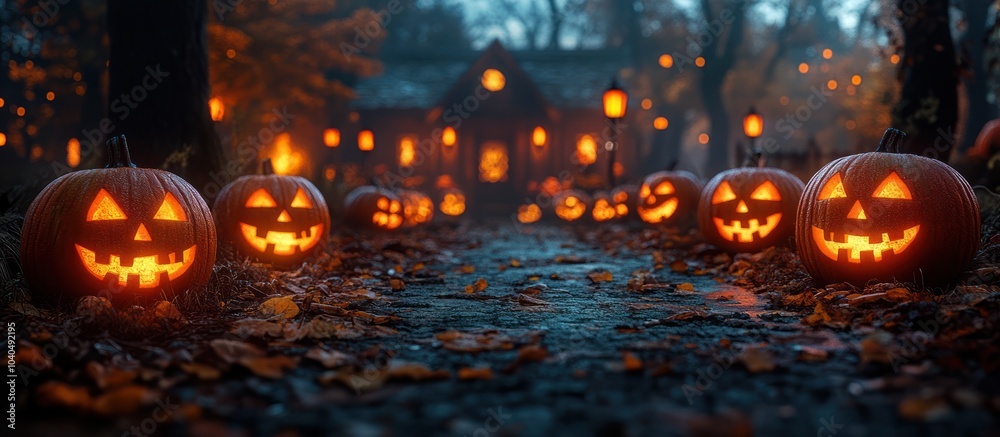 A row of glowing jack-o'-lanterns line a path leading to a house in the woods. A row of glowing jack-o'-lanterns line a path leading to a house in the woods.