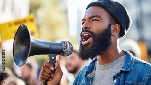 A community organizer leading a peaceful protest for social equality and human rights, rallying diverse communities in a collective call for justice, Social justice scene