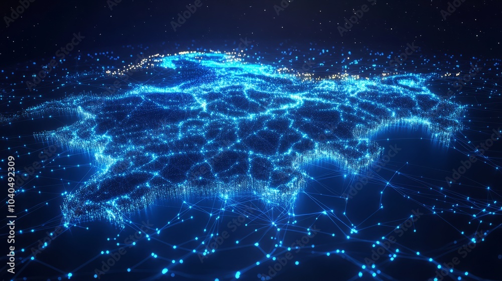 Obraz premium A 3D network map of the imaginary country, covered in glowing mesh lines and point clusters on a modern blue background