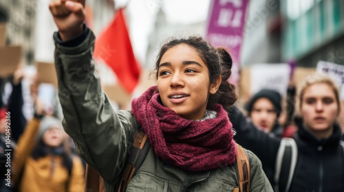 A community organizer leading a peaceful protest for social equality and justice, uniting diverse voices in a collective call for change, Social justice scene