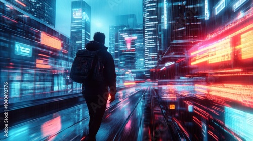 A commuter navigating a bustling cityscape filled with skyscrapers and neon lights, Urban scene, Dynamic style