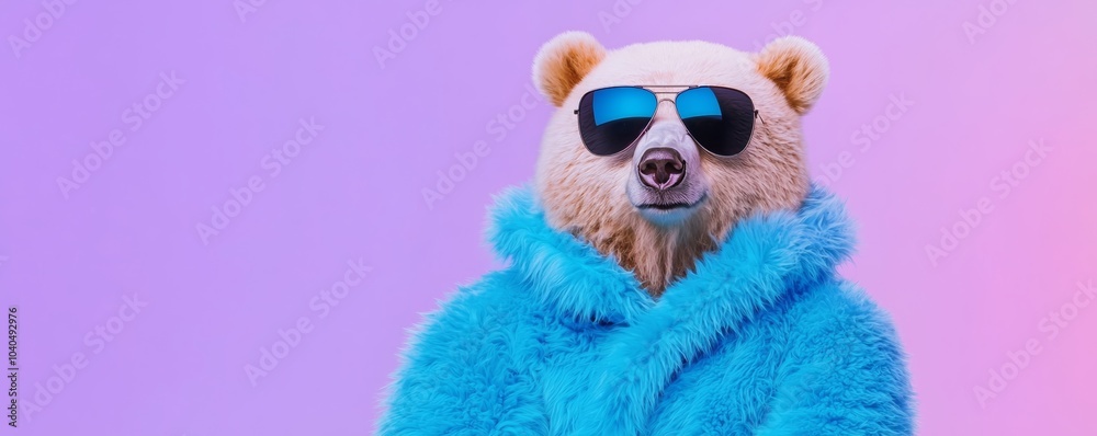 A bear in a vibrant electric blue fur coat and dark aviator sunglasses, posed confidently against a gradient background transitioning from soft lavender to deep purple. A bear in a vibrant electric blue fur coat and dark aviator sunglasses, posed confidently against a gradient background transitioning from soft lavender to deep purple.