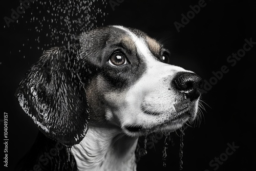 A cute dog is bathed in a stream of water, set against a dark background, capturing the delightful and innocent expression of a beloved pet in a serene moment. photo