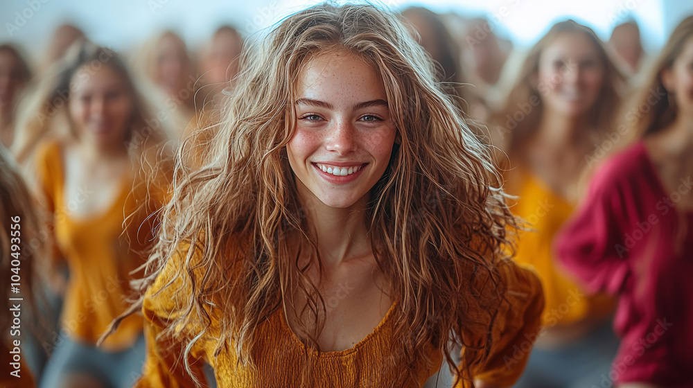 A vibrant and joyful group of diverse people dances in perfect sync, all facing the camera on a clean white background. Generative AI A vibrant and joyful group of diverse people dances in perfect sync, all facing the camera on a clean white background. Generative AI