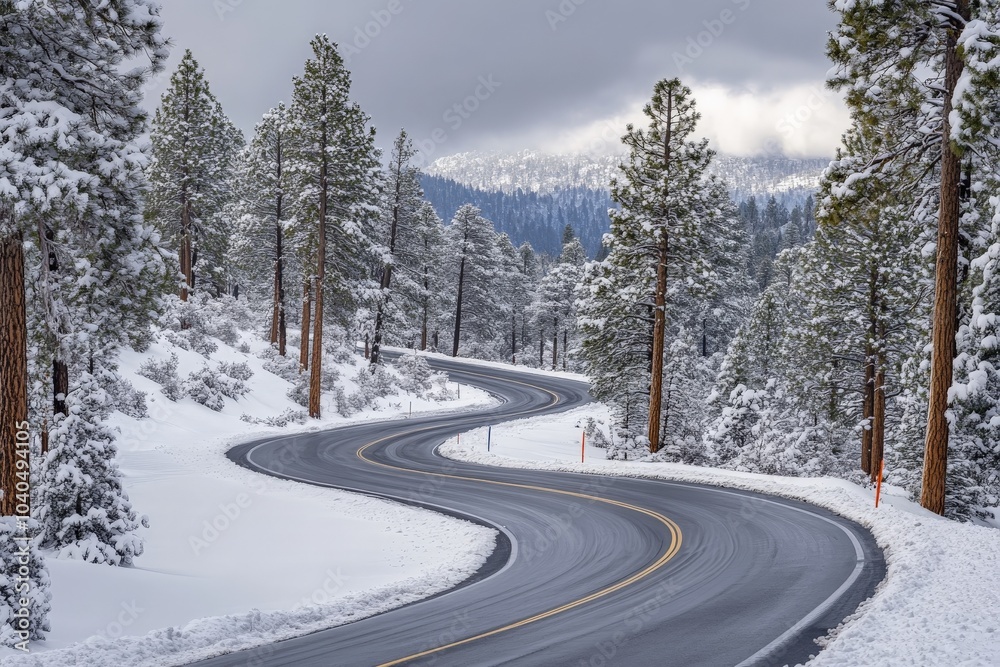 This idyllic winter scene depicts a winding road cutting through a snow-covered forest, under overcast skies, embodying a sense of calm and quietude. This idyllic winter scene depicts a winding road cutting through a snow-covered forest, under overcast skies, embodying a sense of calm and quietude.
