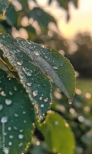 Green leaves covered in water droplets with blurry background.