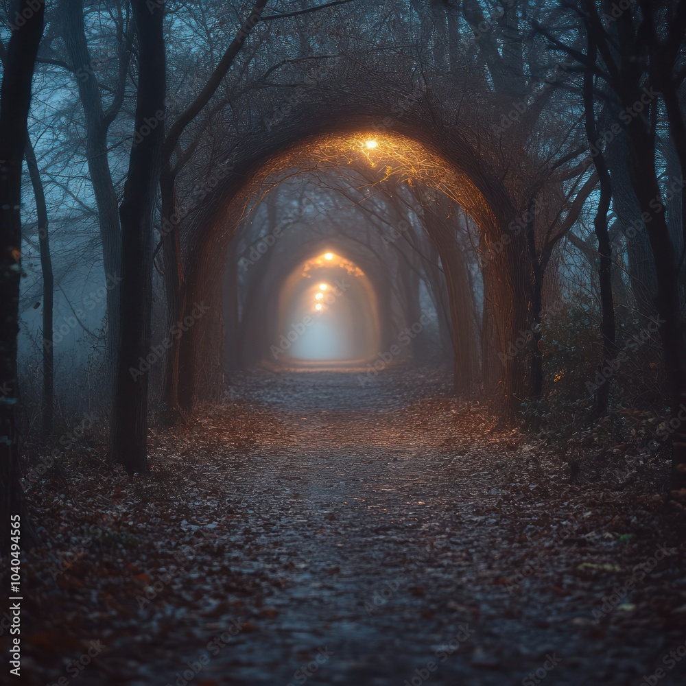 Obraz premium A misty forest path with glowing lights in the distance.