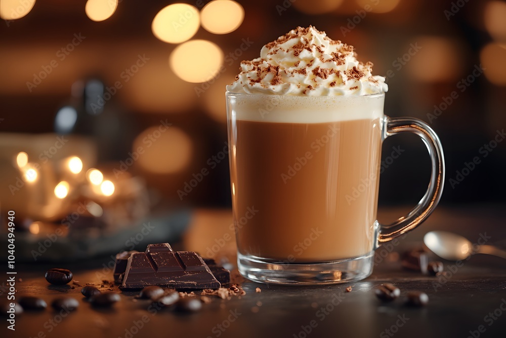 Title: creamy hot chocolate topped with whipped cream and chocolate flakes Title: creamy hot chocolate topped with whipped cream and chocolate flakes