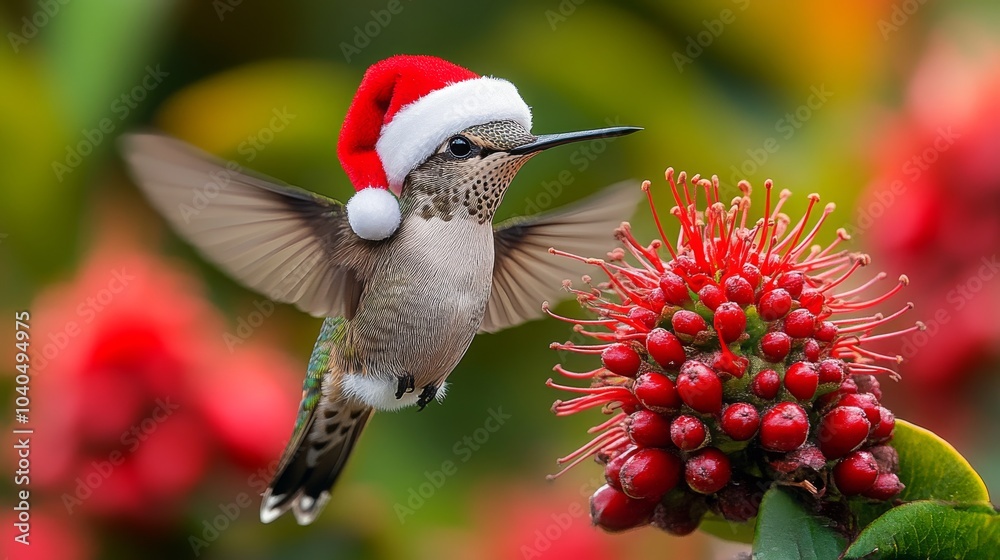 Obraz premium A festive hummingbird wearing a Santa hat hovers near vibrant red flowers on a sunny day