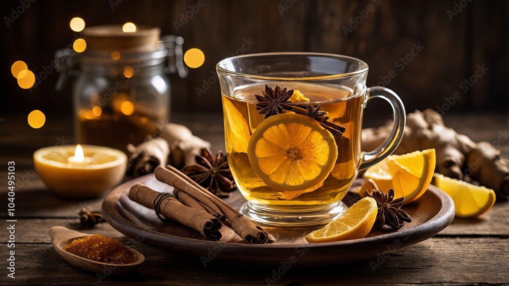 Hot spiced tea with lemon, ginger, cinnamon stick, and star anise in a glass jar, surrounded by warm candlelight and bokeh lights. Hot spiced tea with lemon, ginger, cinnamon stick, and star anise in a glass jar, surrounded by warm candlelight and bokeh lights.