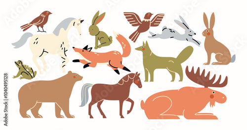 Wild forest animals in cartoon style. Forest fauna of mammals: hare. fox, elk, bear, horse, wolf. Vector doodle animals in retro style
