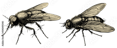 Vintage illustration of flies isolated on a transparent background, PNG photo