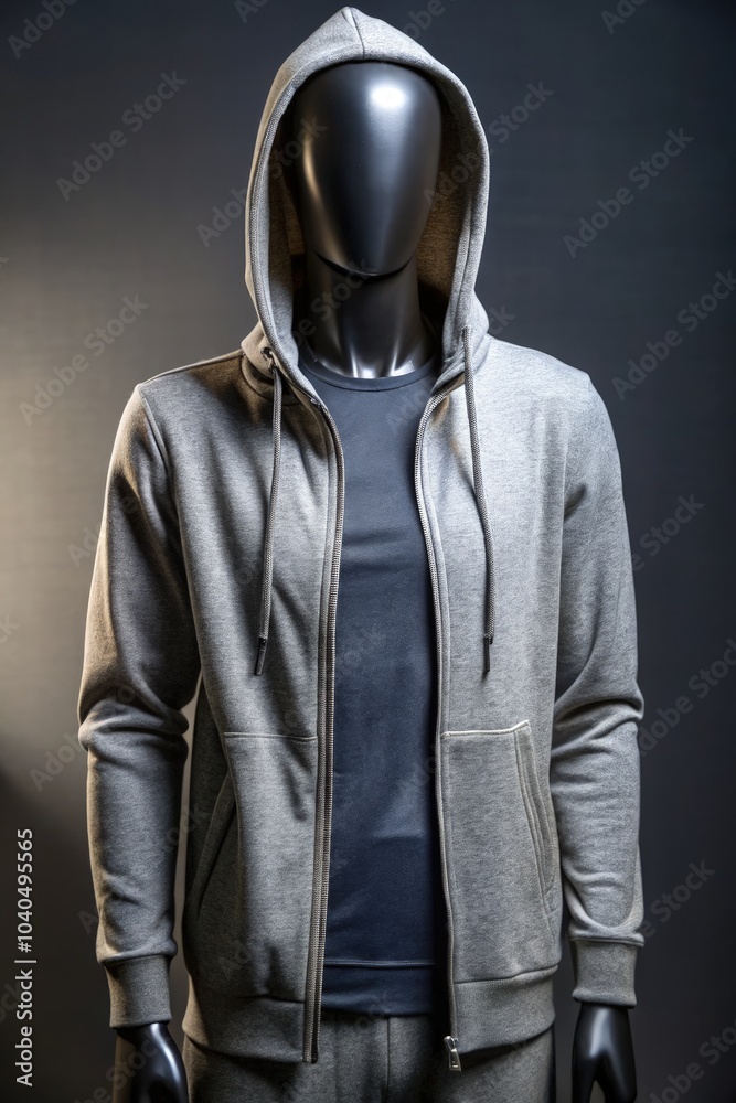 Stylish gray hooded jacket displayed on a mannequin in a modern setting. Generative AI Stylish gray hooded jacket displayed on a mannequin in a modern setting. Generative AI