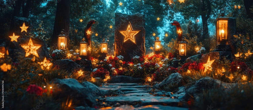 Enchanted forest path illuminated by glowing stars and lanterns. Enchanted forest path illuminated by glowing stars and lanterns.