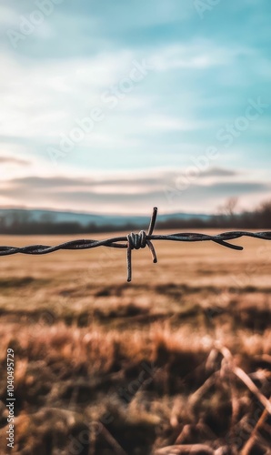 Barbed wire fence against a hazy sky.