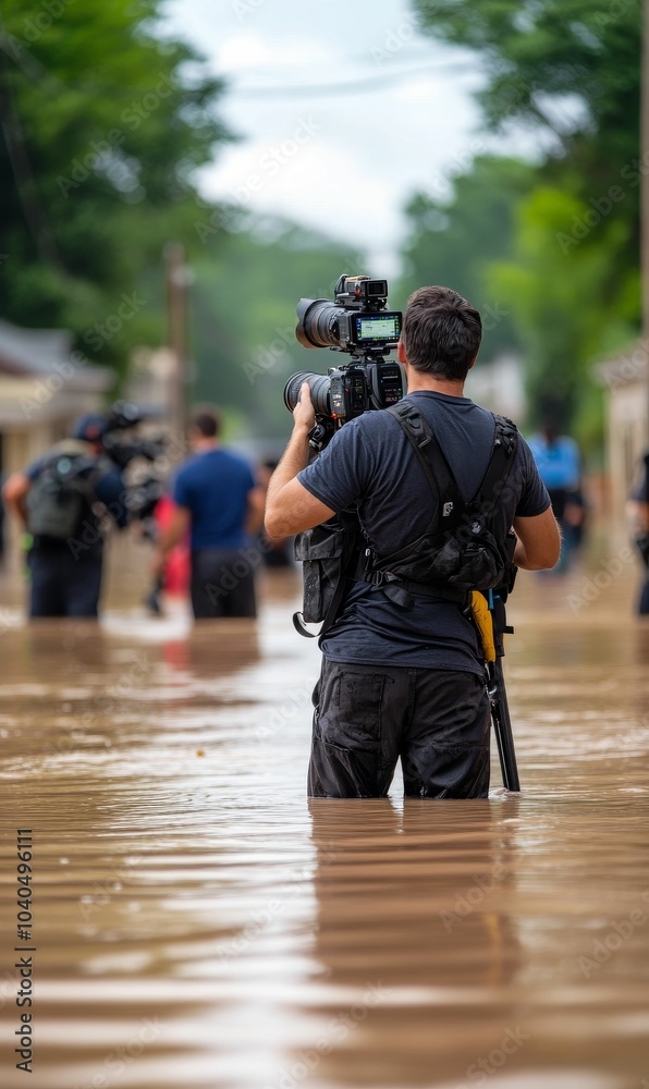 Cameraman filming flooded street with camera. Cameraman filming flooded street with camera.