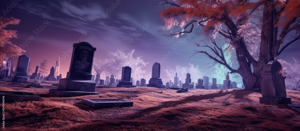 Eerie graveyard with headstones and tree under a purple sky. Eerie graveyard with headstones and tree under a purple sky.