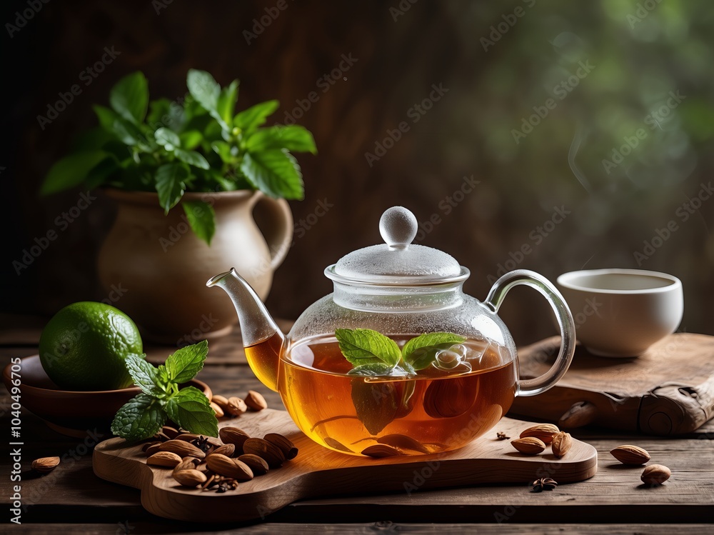 Three glass teapots filled with herbal tea, surrounded by fresh mint, lime, and almonds on a rustic wooden table. Three glass teapots filled with herbal tea, surrounded by fresh mint, lime, and almonds on a rustic wooden table.