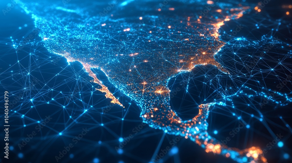 A 3D network map of the imaginary country, covered in glowing mesh lines and point clusters on a modern blue background A 3D network map of the imaginary country, covered in glowing mesh lines and point clusters on a modern blue background