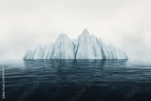 Majestic iceberg in arctic sea with misty horizon and calm water reflecting icy peak