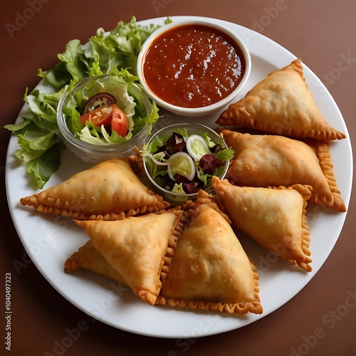 Samosas assortment with Tomato Sauce with some salad served