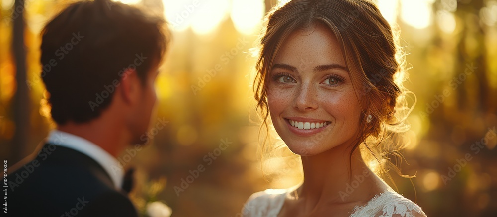 Bride smiling at groom with golden autumn background. Bride smiling at groom with golden autumn background.