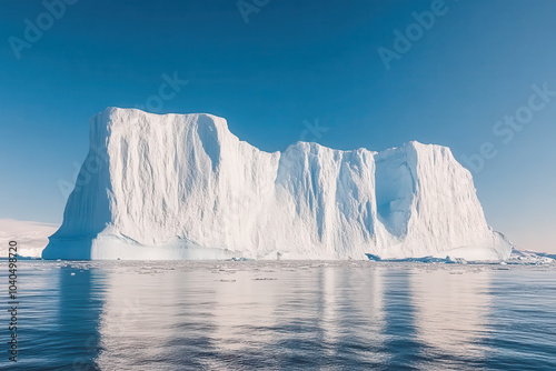 Massive iceberg floating in Arctic waters, clear blue sky and icy reflection