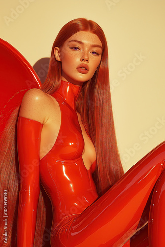 Cosmic girl concept. Sci-fi portrait of a red-haired super girl in red latex suit on light beige background. Retrofuturism style. Studio shot photo
