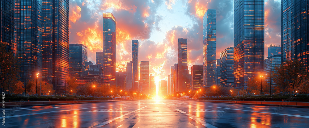 Modern city street with skyscrapers. Dawn. High detail. Modern city street with skyscrapers. Dawn. High detail.