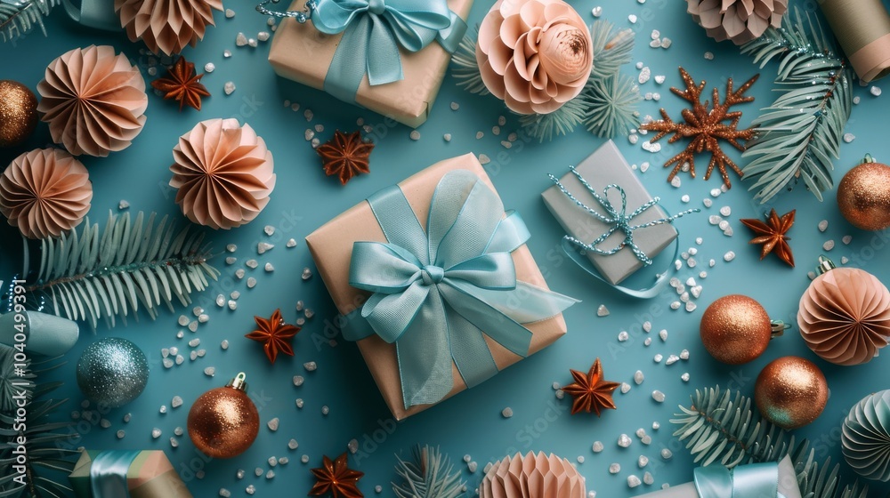 A turquoise background featuring gift boxes with velvet ribbons and festive paper decorations A turquoise background featuring gift boxes with velvet ribbons and festive paper decorations