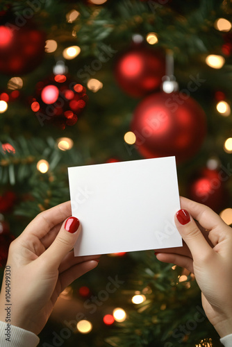 Female hands holding a mockup of a blank white card on the background of a Christmas tree decorated with gold and red balls. Vertical template for Christmas text, secret notes and gifts