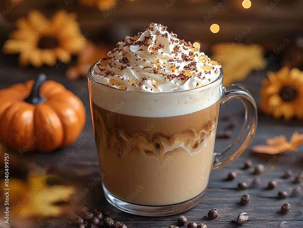 rich creamy pumpkin spice latte with whipped cream and chocolate shavings
