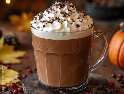 rich creamy pumpkin spice latte with whipped cream and chocolate shavings