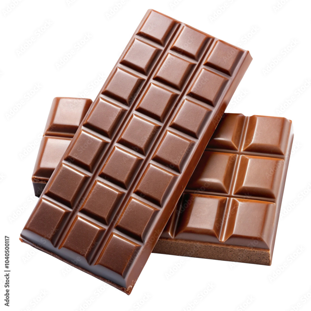 Big chocolate and small ones are each split into three parts isolated on transparent background
